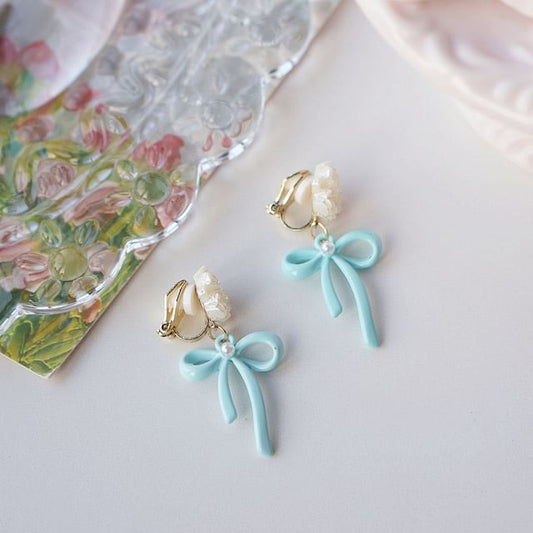Flower Clip-On Bow 925 Sterling / Silver Earring Drop