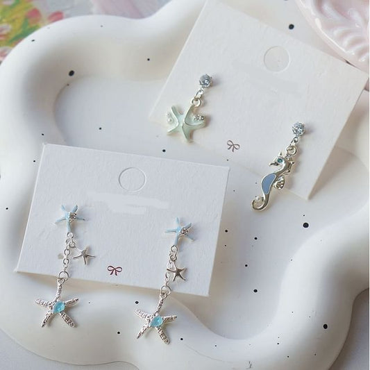 Sterling Clip-On Rhinestone / Drop Silver Starfish 925 Earring