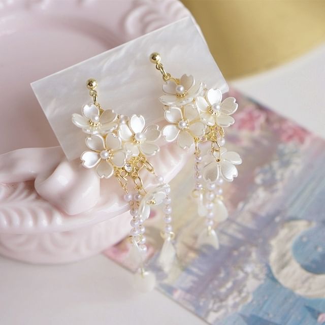 925 Earring Flower Drop Faux Silver Pearl Sterling / Clip-On