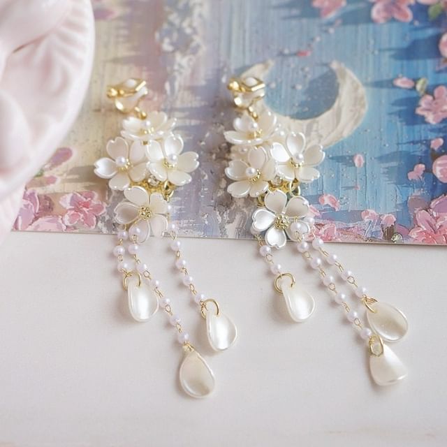 925 Earring Flower Drop Faux Silver Pearl Sterling / Clip-On