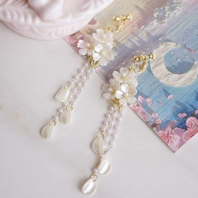 925 Earring Flower Drop Faux Silver Pearl Sterling / Clip-On