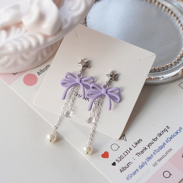 Drop Bow Sterling 925 Clip-On Earring Silver / Pearl Faux