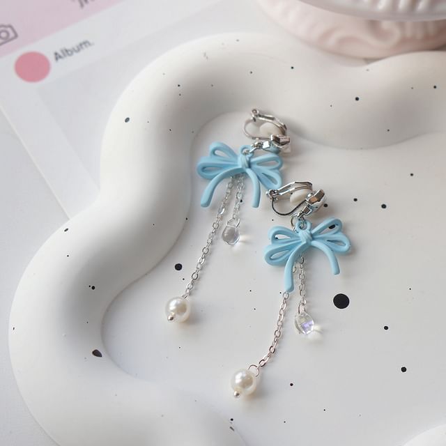 Drop Bow Sterling 925 Clip-On Earring Silver / Pearl Faux