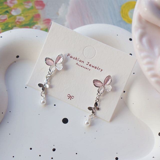 Sterling 925 Earring Butterfly Faux Drop Clip-On Pearl Silver /