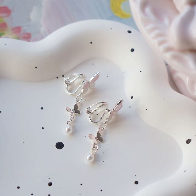 Sterling 925 Earring Butterfly Faux Drop Clip-On Pearl Silver /