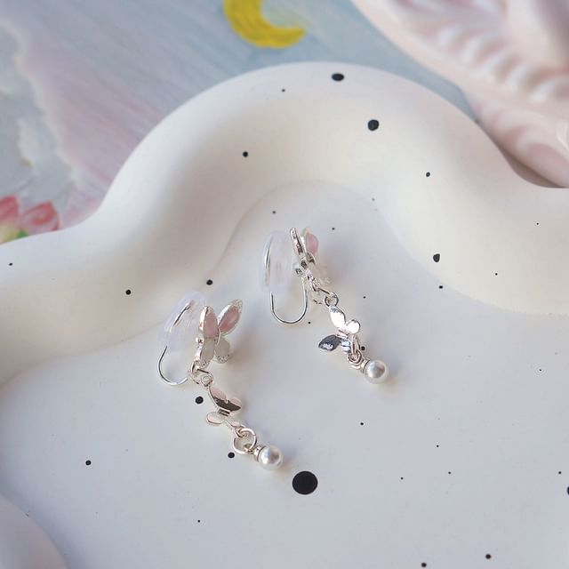 Sterling 925 Earring Butterfly Faux Drop Clip-On Pearl Silver /