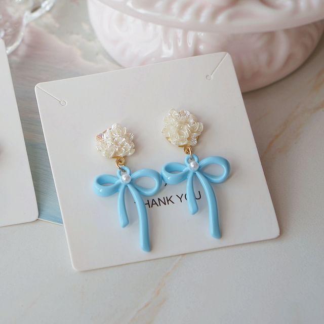 Flower Clip-On Bow 925 Sterling / Silver Earring Drop