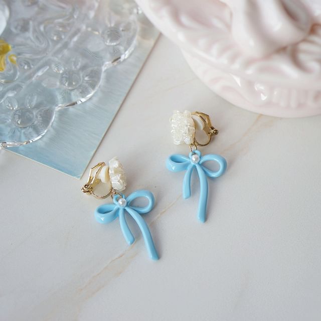 Flower Clip-On Bow 925 Sterling / Silver Earring Drop