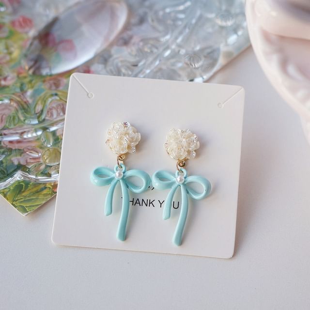 Flower Clip-On Bow 925 Sterling / Silver Earring Drop