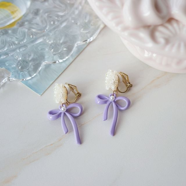 Flower Clip-On Bow 925 Sterling / Silver Earring Drop