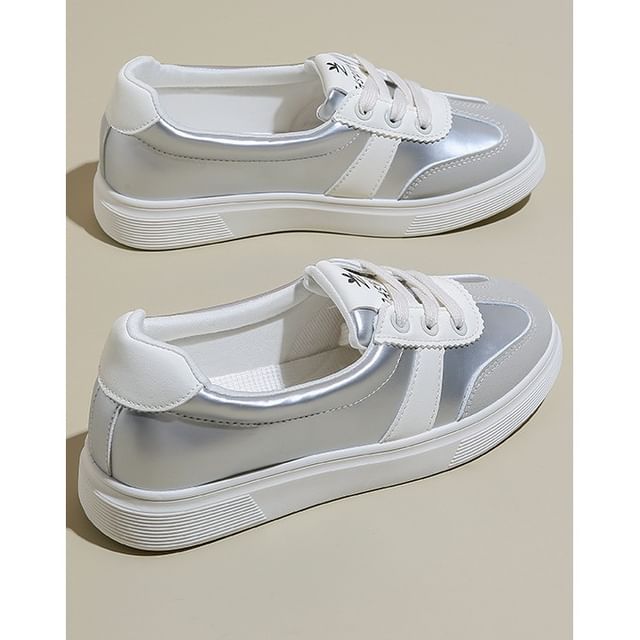 Leather Color Sneakers Block Lace-Up Faux