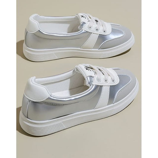 Leather Color Sneakers Block Lace-Up Faux