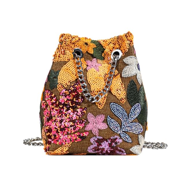 Studded Leaf Embroidered Faux Chain / Bag Strap Sequin Bucket