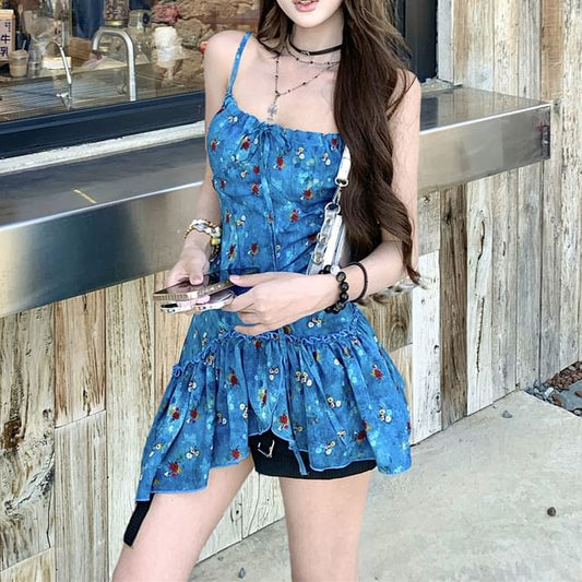 Top Floral Print Tie-Up Asymmetrical Cami