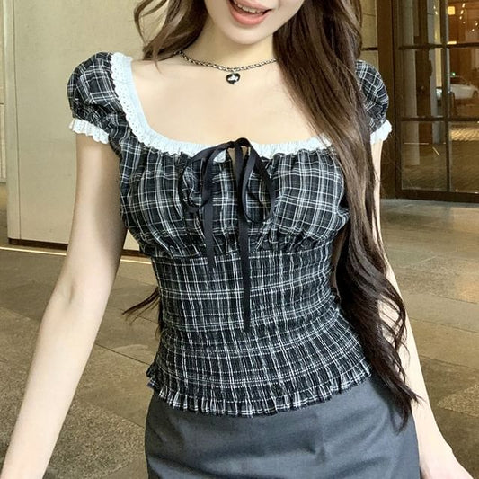 Neck Plaid Sleeve Square Top Short Shirred Bow