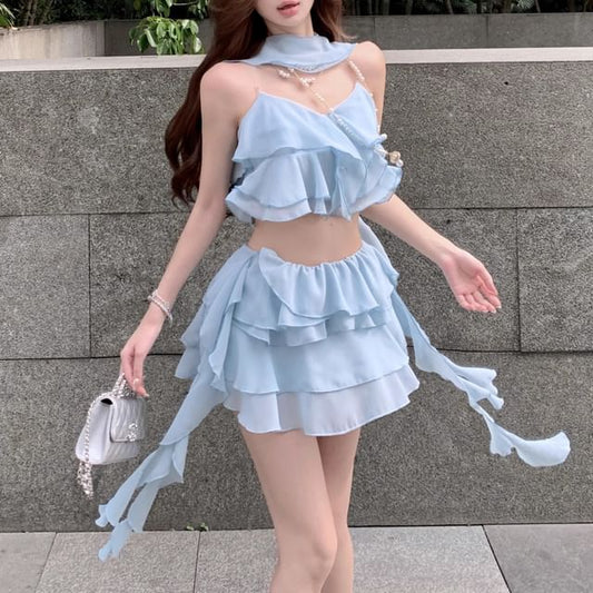 Skirt Tiered Mini Camisole / Ruffle Waist Plain Top High A-Line Crop