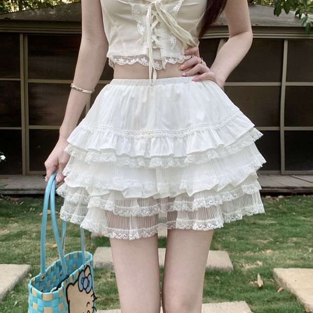 Panel Plain Mini Skirt Tiered Waist A-Line Lace High