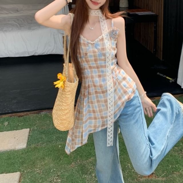 Top Asymmetrical Camisole Plaid