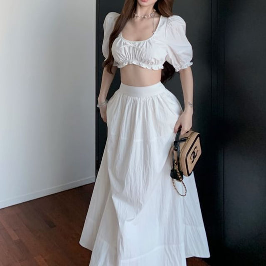 High / Rise Blouse Maxi Plain A-Line Neck Sleeveless Frill Skirt Crop Bow Scoop