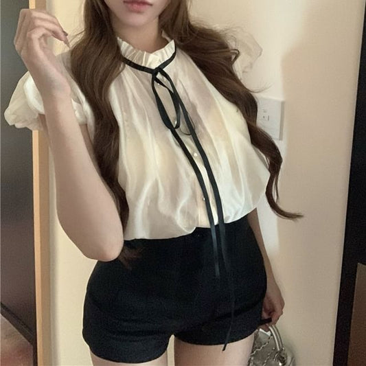 Stand Sleeve / Shorts Collar Plain Frill Cap Waist High Bow Blouse