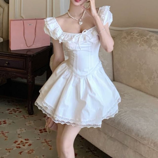 A-Line / Bow Cap Square Plain Waist Ruffle Mini Blouse High Lace Trim Sleeve Neck Skirt