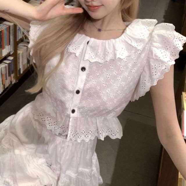 Plain Ruffle Embroidered Blouse Eyelet Sleeve Collared Cap