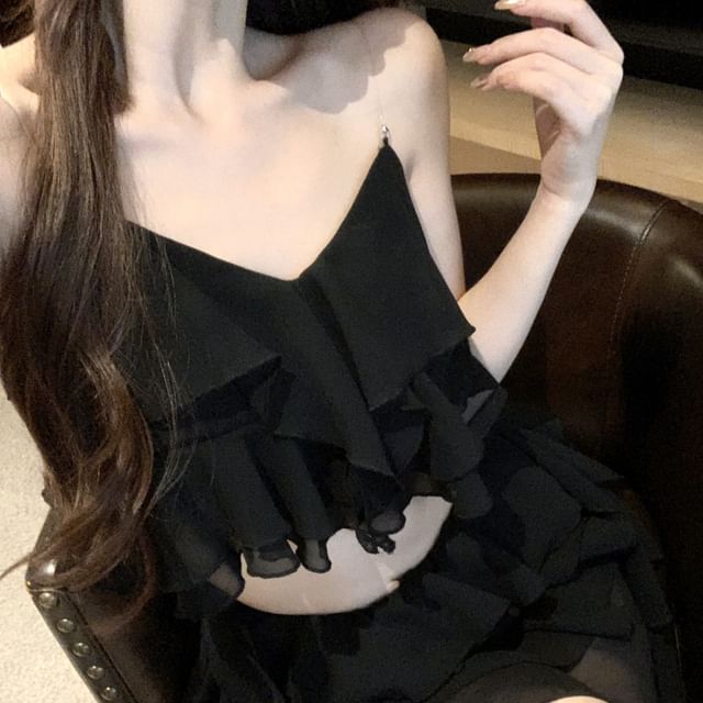 Skirt Tiered Mini Camisole / Ruffle Waist Plain Top High A-Line Crop