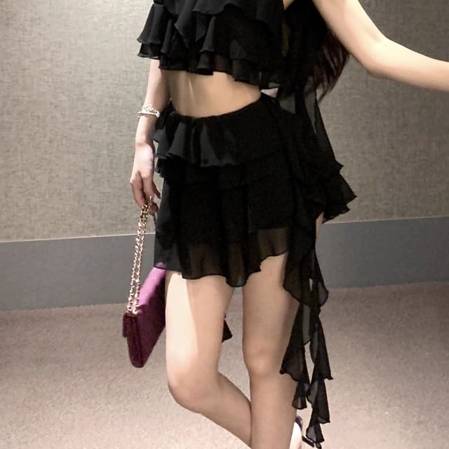 Skirt Tiered Mini Camisole / Ruffle Waist Plain Top High A-Line Crop