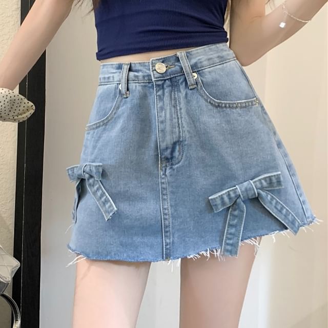 Shorts Fray Mini Waist Denim Washed A-Line Bow High
