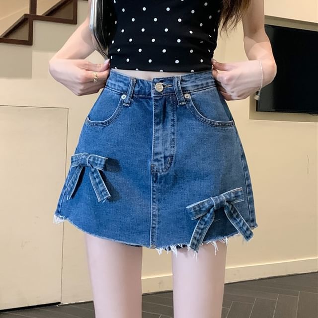 Shorts Fray Mini Waist Denim Washed A-Line Bow High