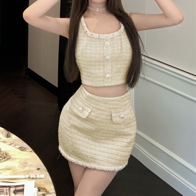Button Tweed Crop + Sleeveless Faux Neck Set: Pearl Skirt Beaded Mini Scoop Pencil High Top Waist