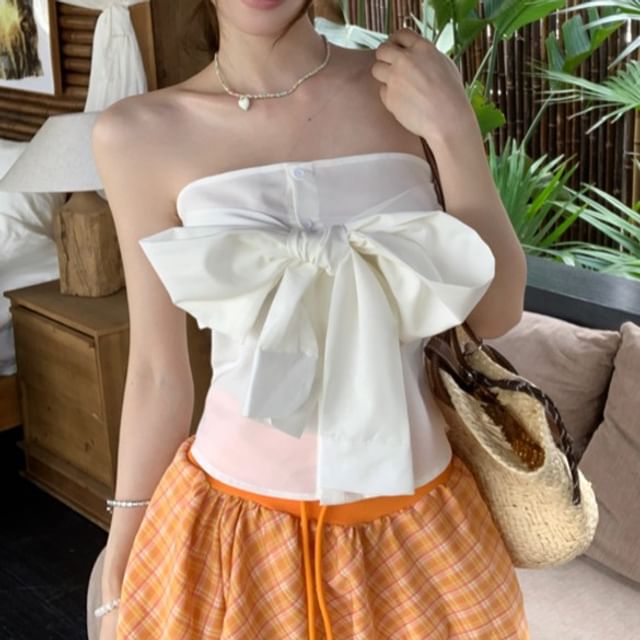 Tube Waist Plain Balloon Bow / Skirt Top Plaid A-Line Drawstring Mini