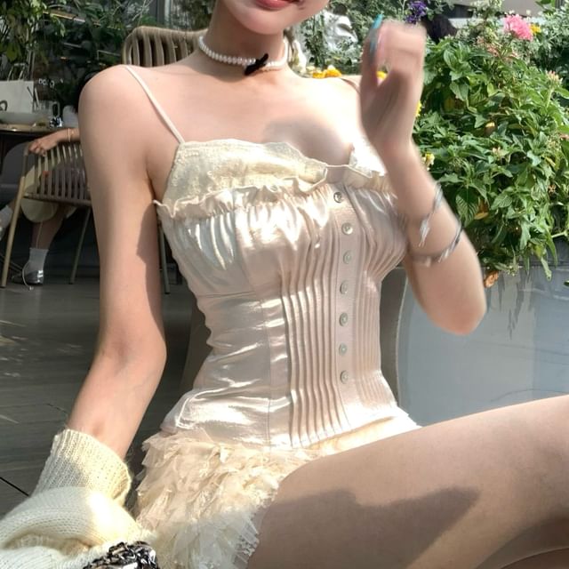 / V-Neck Waist Panel Camisole Mesh Tiered Lace Cardigan Shorts Button Top High Pointelle Satin Plain