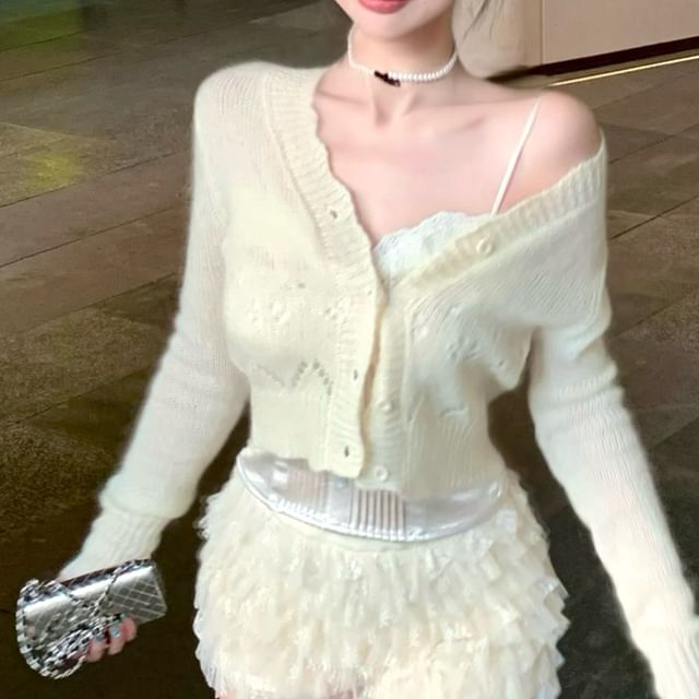 / V-Neck Waist Panel Camisole Mesh Tiered Lace Cardigan Shorts Button Top High Pointelle Satin Plain