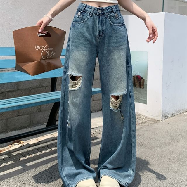 Washed Waist Jeans Mid Ripped Wide Leg