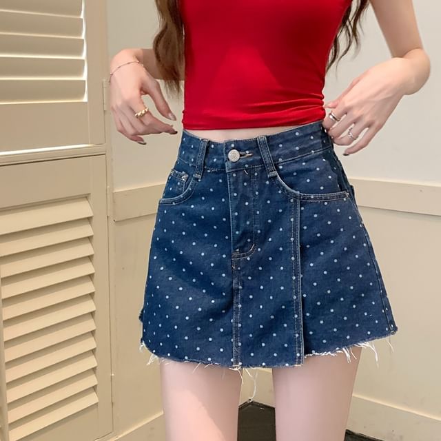 Fray Polka Skirt A-Line Dot Denim Mini Rise High