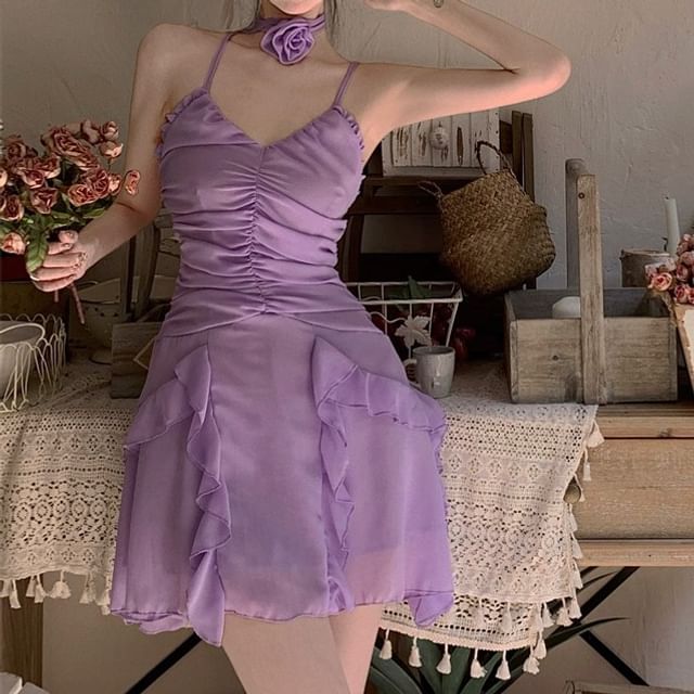 Spaghetti Mini Plain A-Line Dress Ruched Strap Ruffle