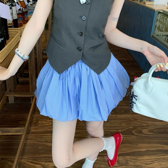 One Sleeveless Waist Drawstring Plain A-Line Skirt / Button Top Shoulder Balloon Mini