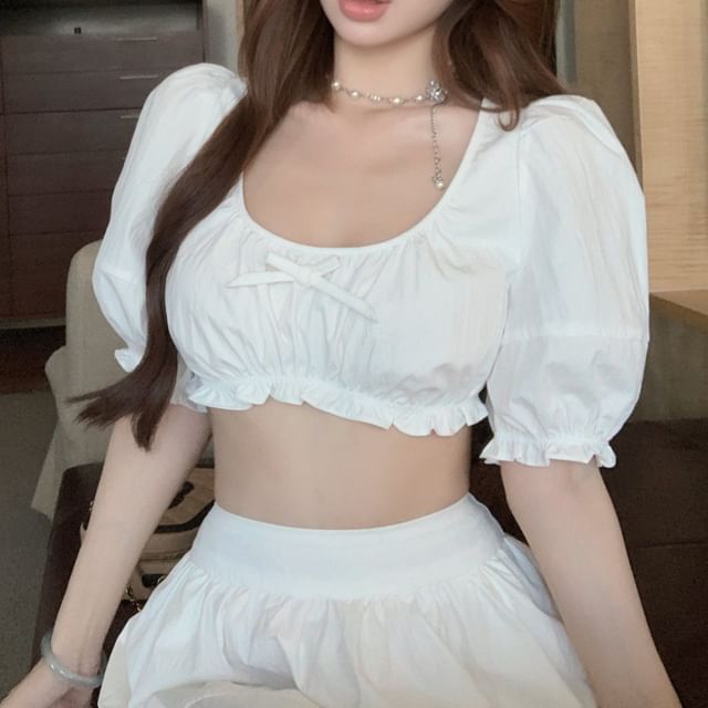 High / Rise Blouse Maxi Plain A-Line Neck Sleeveless Frill Skirt Crop Bow Scoop