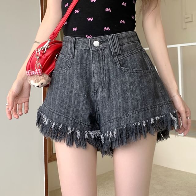 Denim Washed High Fringe Waist Shorts