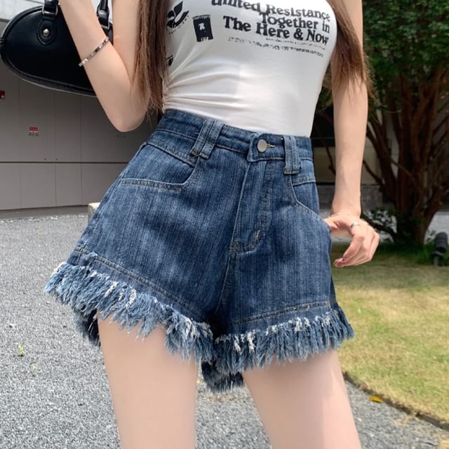 Denim Washed High Fringe Waist Shorts