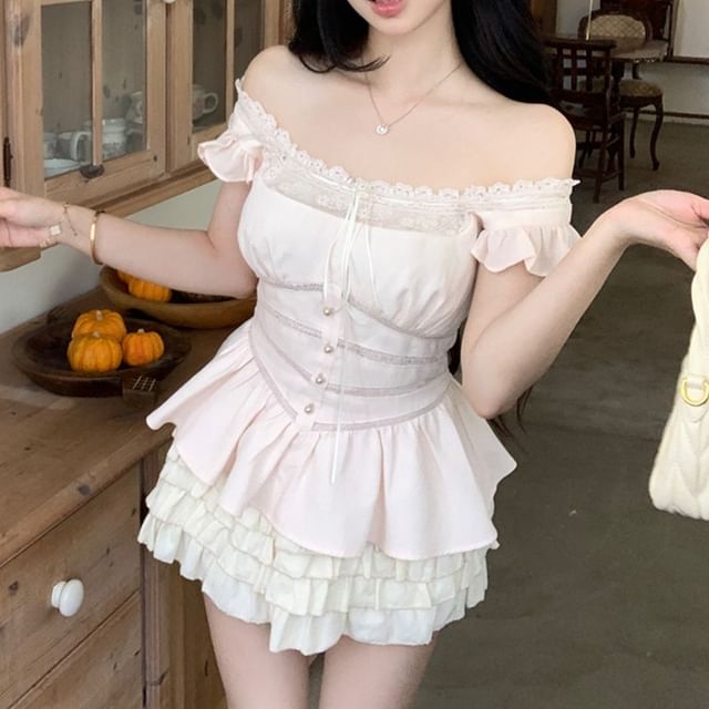 Ruffle Neck Square Blouse Bow Sleeveless Panel Lace Plain