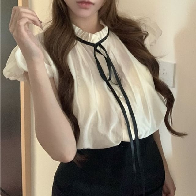 Stand Sleeve / Shorts Collar Plain Frill Cap Waist High Bow Blouse