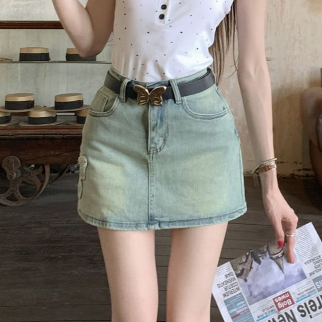 Skirt Washed Butterfly Denim Mini High Rise A-Line Applique