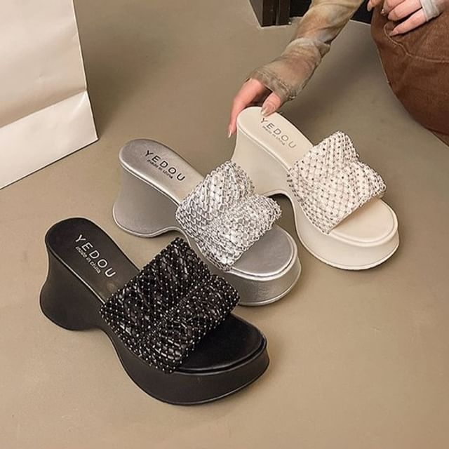 Wedge Platform Slide Rhinestone Sandals Heel