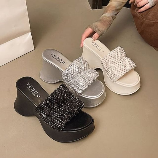 Wedge Platform Slide Rhinestone Sandals Heel