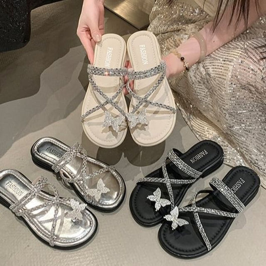 Cross Sandals Criss Toe Slide Loop Butterfly Rhinestone