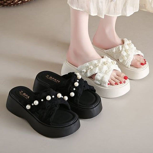 Platform Pearl Sandals Cross Slide Criss Faux