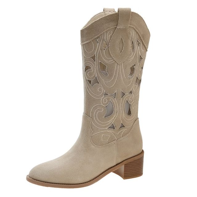 Chunky Mid-Calf Embroidered Cutout Boots Heel