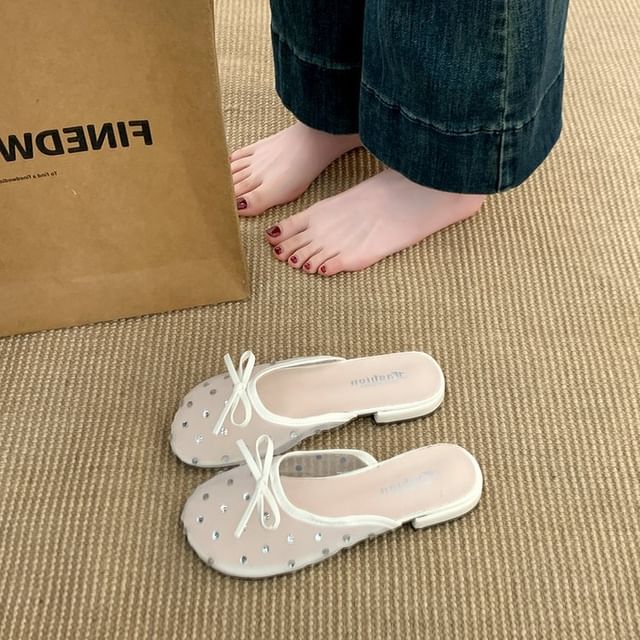 Rhinestone Bow Mules Mesh